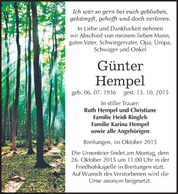 Traueranzeige von Günter Hempel von Mitteldeutsche Zeitung Sangerhausen