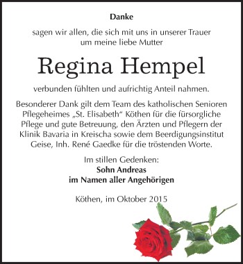 Traueranzeige von Regina Hempel von Mitteldeutsche Zeitung Köthen