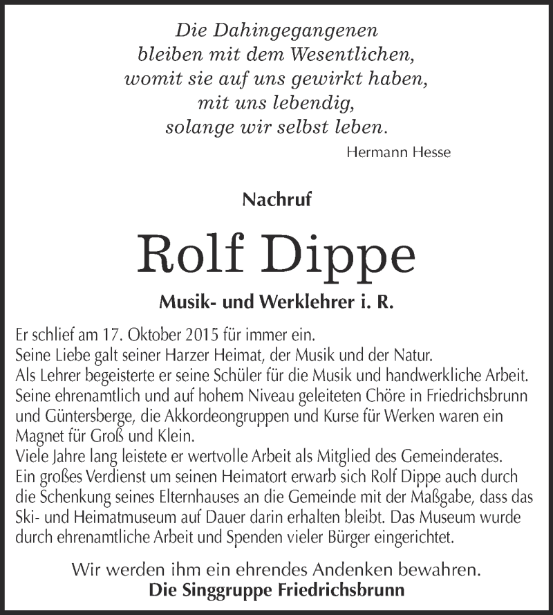  Traueranzeige für Rolf Dippe vom 31.10.2015 aus Super Sonntag Quedlinburg