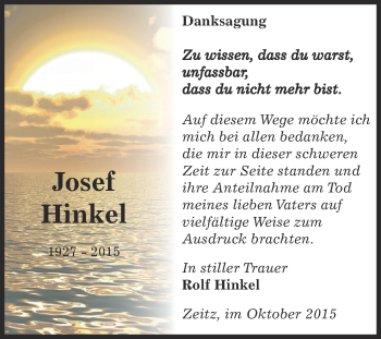 Traueranzeige von Josef Hinkel von Super Sonntag Zeitz