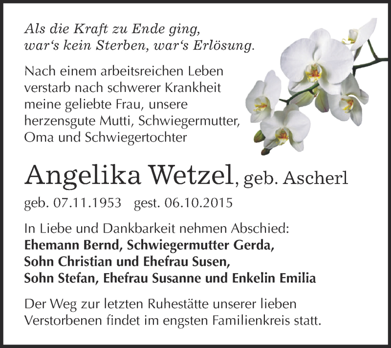  Traueranzeige für Angelika Wetzel vom 10.10.2015 aus Super Sonntag Bernburg