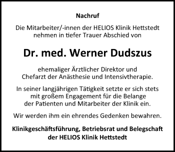 Traueranzeige von Werner Dudszus von Mitteldeutsche Zeitung Mansfelder Land