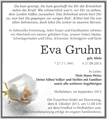Traueranzeige von Eva Gruhn von Super Sonntag SGH Mansf. Land