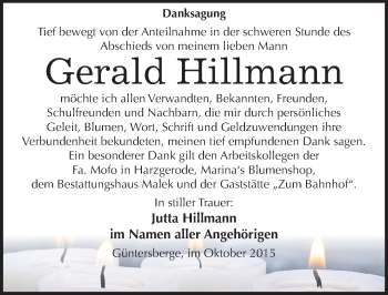 Traueranzeige von Gerald Hillmann von Mitteldeutsche Zeitung Quedlinburg