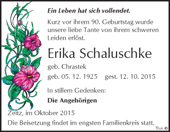 Traueranzeige von Erika Schaluschke von Super Sonntag Zeitz
