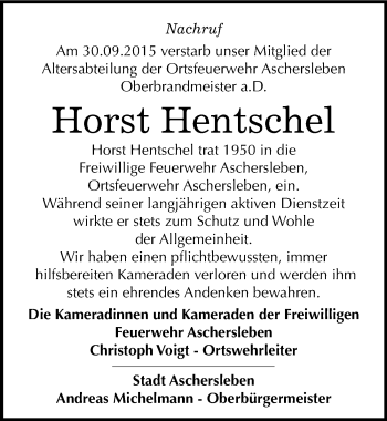 Traueranzeige von Horst Hentschel von Mitteldeutsche Zeitung Aschersleben