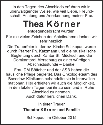 Traueranzeige von Thea Körner von Super Sonntag Merseburg