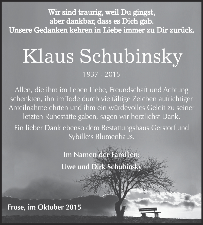  Traueranzeige für Klaus Schubinsky vom 31.10.2015 aus Super Sonntag Aschersleben