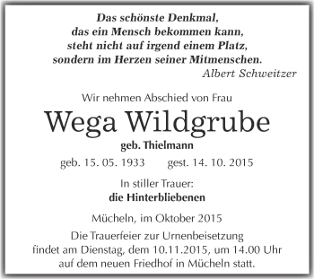 Traueranzeige von Wega Wildgrube von WVG - Wochenspiegel Merseburg