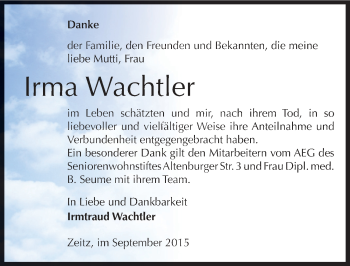 Traueranzeige von Irma Wachtler von Mitteldeutsche Zeitung Zeitz