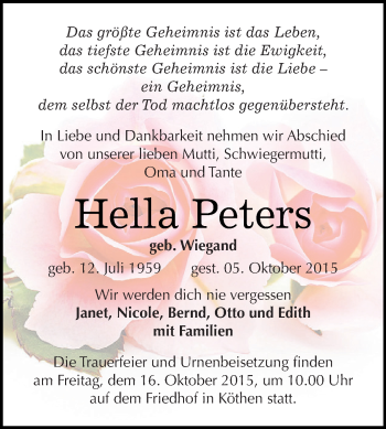Traueranzeige von Hella Peters von WVG - Wochenspiegel Dessau / Köthen