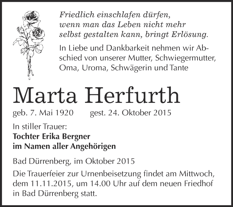  Traueranzeige für Marta Herfurth vom 31.10.2015 aus Super Sonntag Merseburg