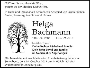 Traueranzeige von Helga Bachmann von Mitteldeutsche Zeitung Wittenberg