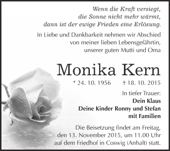 Traueranzeige von Monika Kern von Super Sonntag Wittenberg