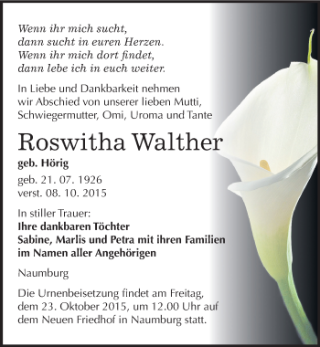 Traueranzeige von Roswitha Walther von Mitteldeutsche Zeitung Naumburg/Nebra