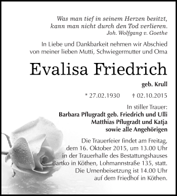Traueranzeige von Evalisa Friedrich von WVG - Wochenspiegel Dessau / Köthen