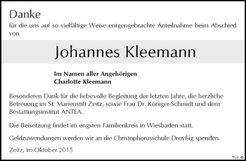 Traueranzeige von Johannes Kleemann von Super Sonntag Zeitz