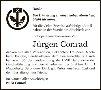 Traueranzeige von Jürgen Conrad von WVG - Wochenspiegel Dessau / Köthen