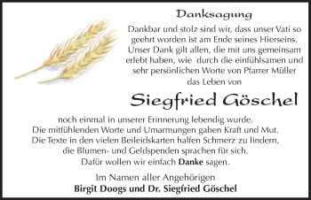 Traueranzeige von Siegfried Göschel von Mitteldeutsche Zeitung Sangerhausen