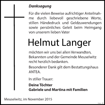 Traueranzeige von Helmut Langer von Super Sonntag Zeitz