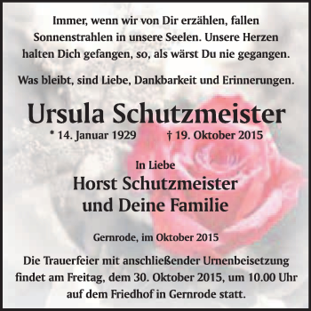 Traueranzeige von Ursula Schutzmeister von WVG - Wochenspiegel Quedlinburg