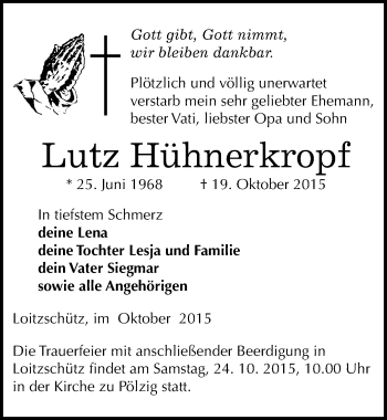 Traueranzeige von Lutz Hühnerkropf von Mitteldeutsche Zeitung Zeitz