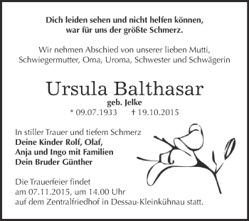 Traueranzeige von Ursula Balthasar von WVG - Wochenspiegel Dessau / Köthen