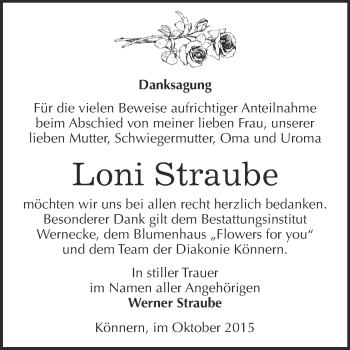 Traueranzeige von Loni Straube von Super Sonntag Bernburg
