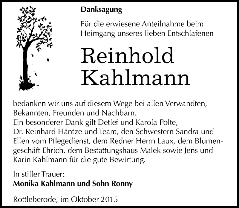  Traueranzeige für Reinhold Kahlmann vom 10.10.2015 aus Mitteldeutsche Zeitung Sangerhausen