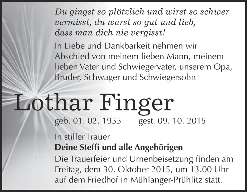  Traueranzeige für Lothar Finger vom 17.10.2015 aus WVG - Wochenspiegel Wittenberg