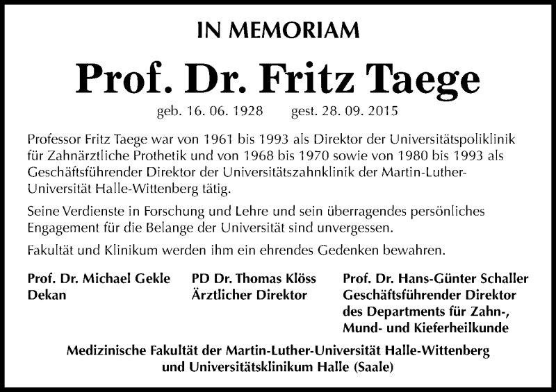  Traueranzeige für Fritz Taege vom 10.10.2015 aus Mitteldeutsche Zeitung Halle/Saalkreis