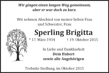 Traueranzeige von Sperling Brigitta von WVG - Wochenspiegel NMB / WSF / ZTZ