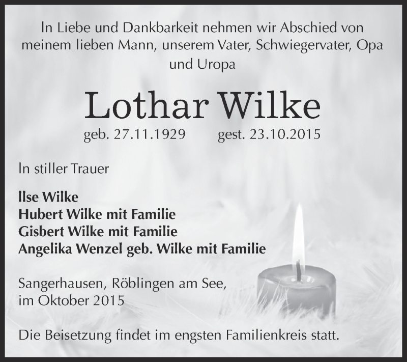  Traueranzeige für Lothar Wilke vom 31.10.2015 aus Super Sonntag SGH Mansf. Land