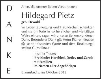 Traueranzeige von Hildegard Pietz von WVG - Wochenspiegel Merseburg
