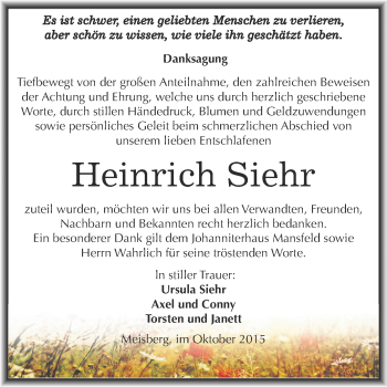 Traueranzeige von Heinrich Siehr von Super Sonntag SGH Mansf. Land