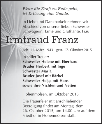 Traueranzeige von Irmtraud Franz von WVG - Wochenspiegel NMB / WSF / ZTZ