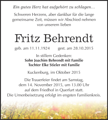 Traueranzeige von Fritz Behrendt von Super Sonntag Merseburg
