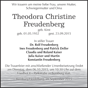 Traueranzeige von Theodora Christine Freudenberg von Super Sonntag Bernburg