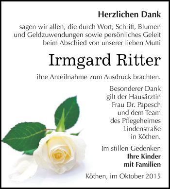 Traueranzeige von Irmgard Ritter von WVG - Wochenspiegel Dessau / Köthen