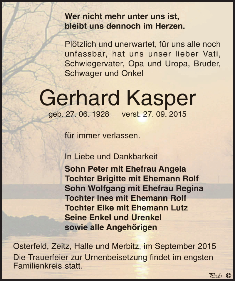  Traueranzeige für Gerhard Kasper vom 03.10.2015 aus Mitteldeutsche Zeitung Zeitz