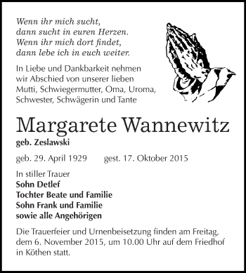 Traueranzeige von Margarete Wannewitz von WVG - Wochenspiegel Dessau / Köthen