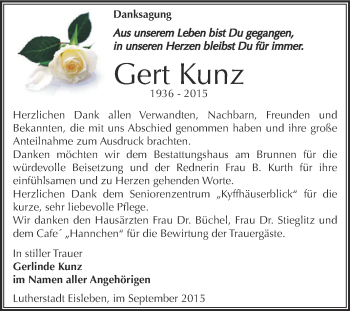 Traueranzeige von Gert Kunz von Wochenspiegel Mansfelder Land