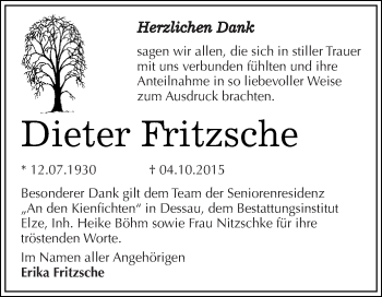 Traueranzeige von Dieter Fritzsche von WVG - Wochenspiegel Dessau / Köthen