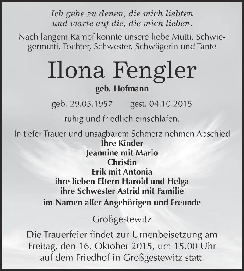  Traueranzeige für Ilona Fengler vom 14.10.2015 aus WVG - Wochenspiegel NMB / WSF / ZTZ