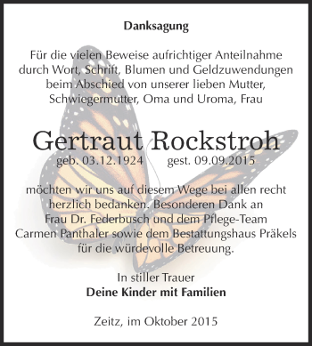 Traueranzeige von Gertraut Rockstroh von Super Sonntag Zeitz