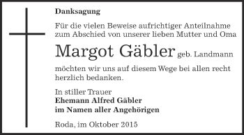 Traueranzeige von Margot Gäbler von Super Sonntag Zeitz