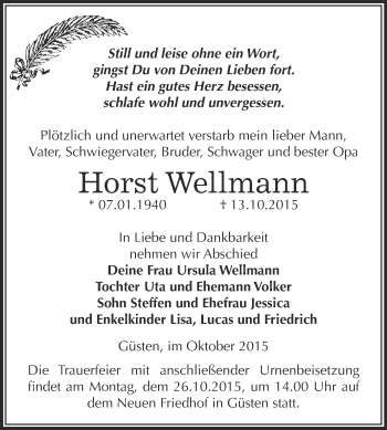 Traueranzeige von Horst Wellmann von Super Sonntag Bernburg