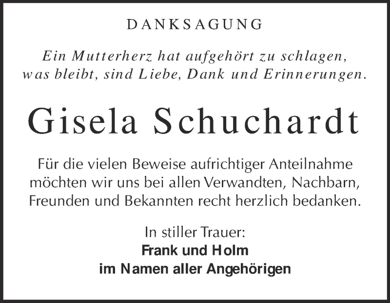  Traueranzeige für Gisela Schuchardt vom 07.10.2015 aus WVG - Wochenspiegel NMB / WSF / ZTZ