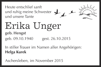 Traueranzeige von Erika Unger von Super Sonntag Aschersleben