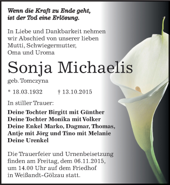 Traueranzeige von Sonja Michaelis von Mitteldeutsche Zeitung Köthen